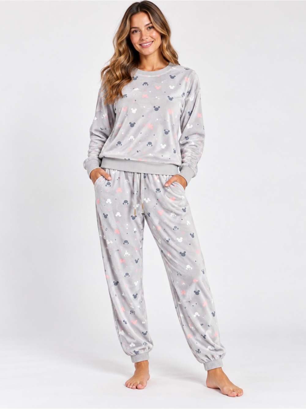Disney Women's Grey Fleece Mickey Print Pajama Set